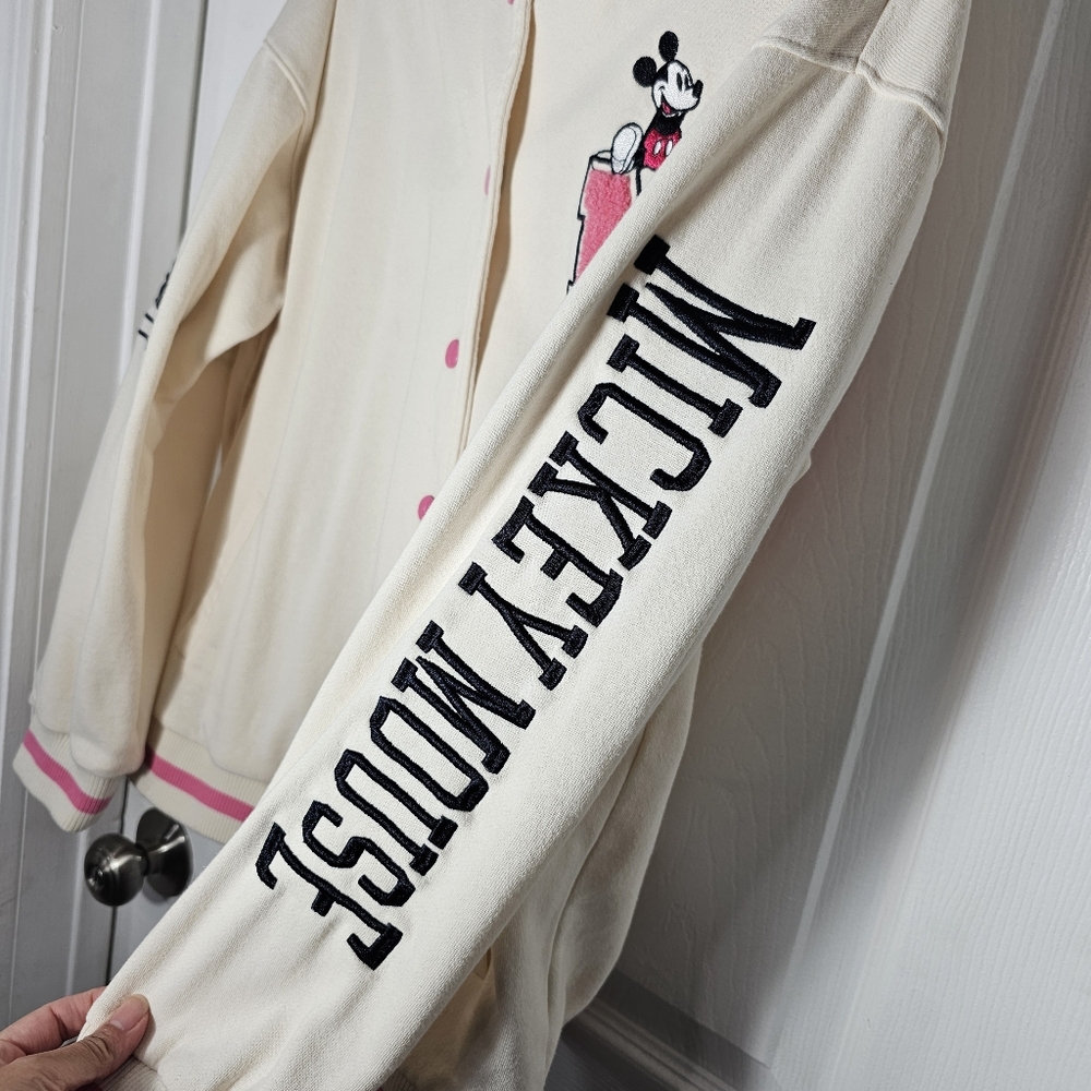 DISNEY MICKEY MOUSE XL Bomber Varsity Embroidered Jacket Pink Ivory Buttoned - Picture 6 of 13